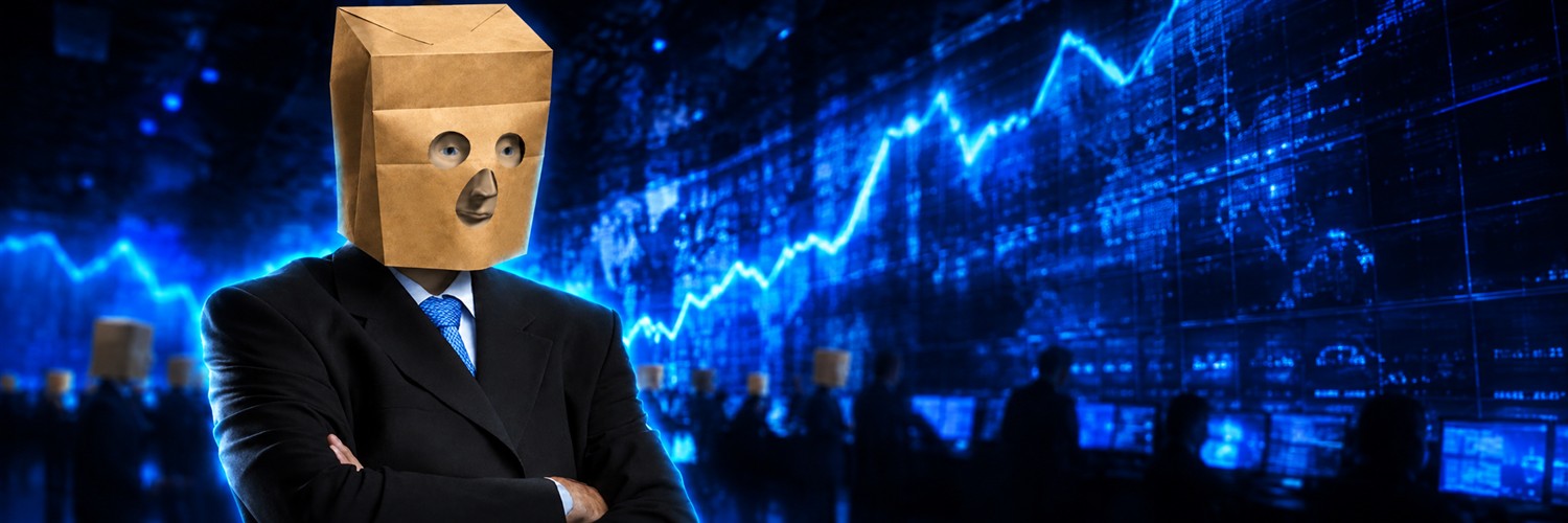 Anonymous Stonks in a vast electric-blue trading room