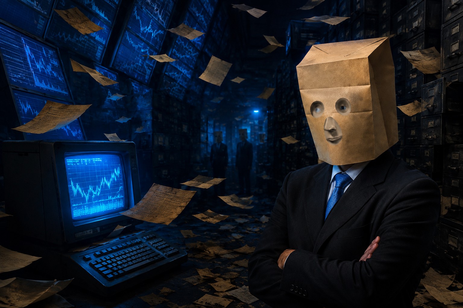Anonymous Stonks discovering a glowing terminal in an abandoned market archive